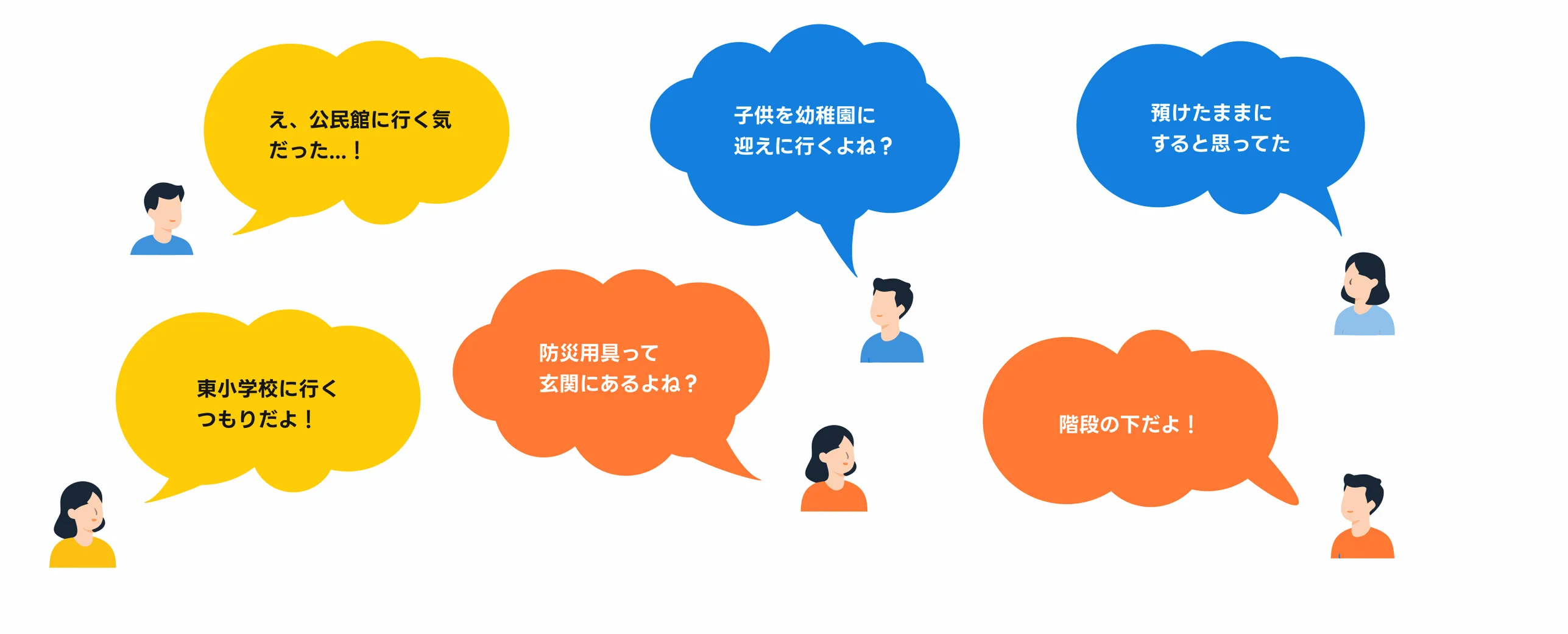 家族それぞれが違う避難先や防災用品の場所を思い浮かべている様子